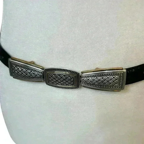Brighton Reversible Black/Brown Skinny Belt w/ hook & eye two-tone gold/silver M - Picture 3 of 4